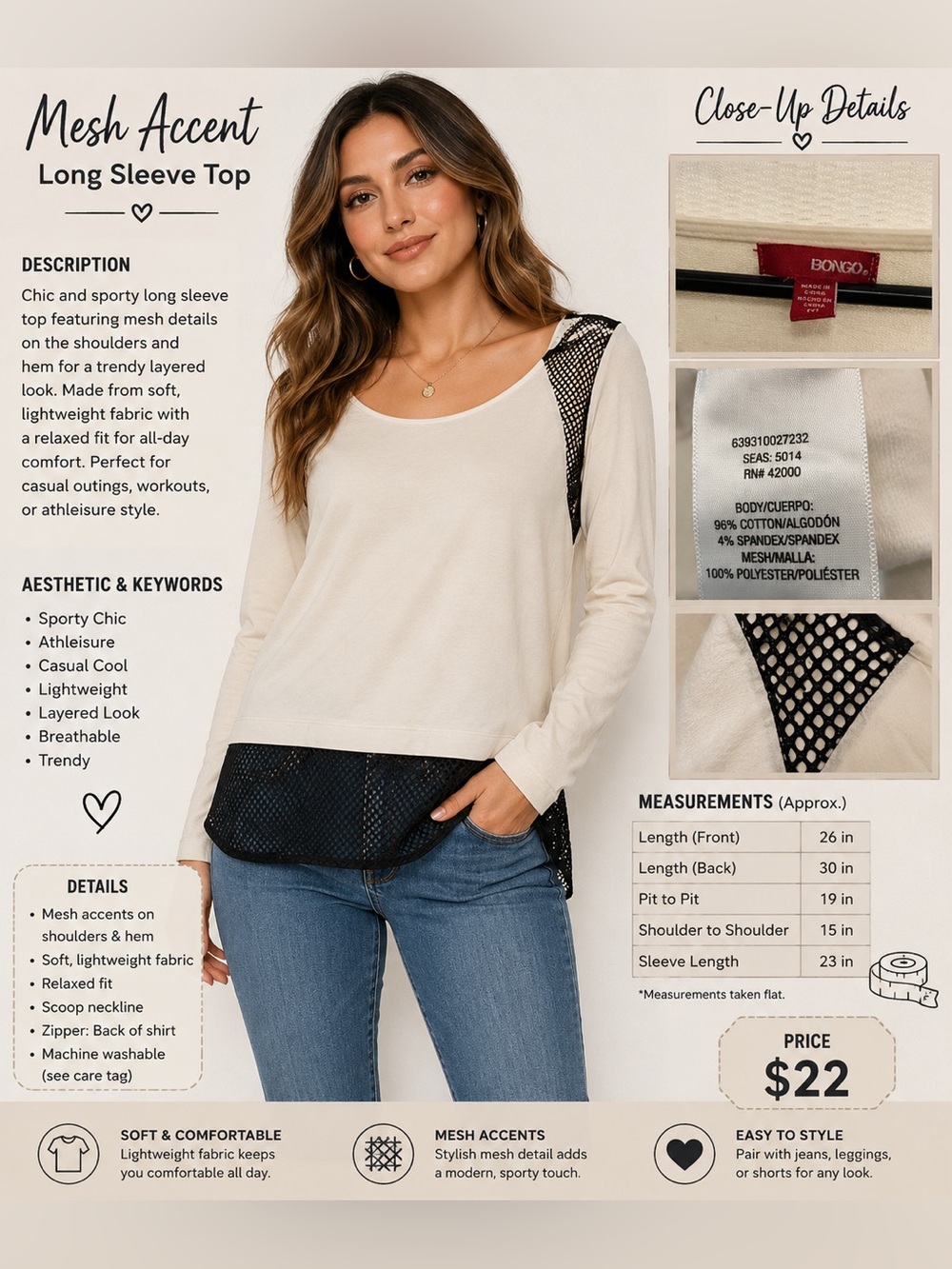 BONGO Cream Long Sleeve Top with Black Mesh Accents